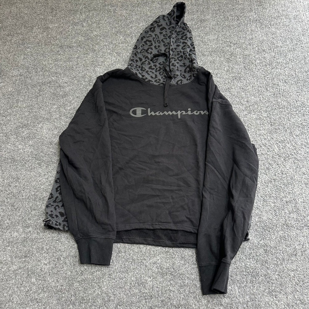 Champion Hoodie Womens XXL Black Grey Leopard Print Logo Pullover Sweatshirt